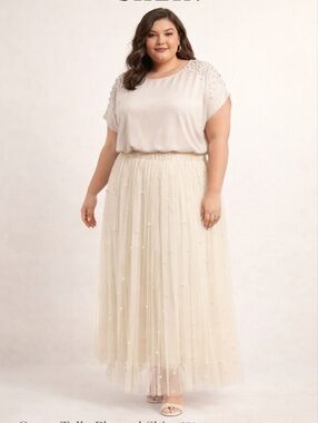 Cream Pleated Skirt Water Fall Pearl Beads At The Bottom Elastic Waist Sz 2x New